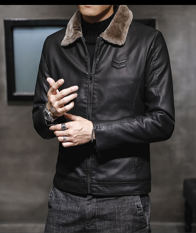 大码皮衣男真皮秋季翻毛领加绒休闲潮流皮夹克修身帅气男士外套机车服