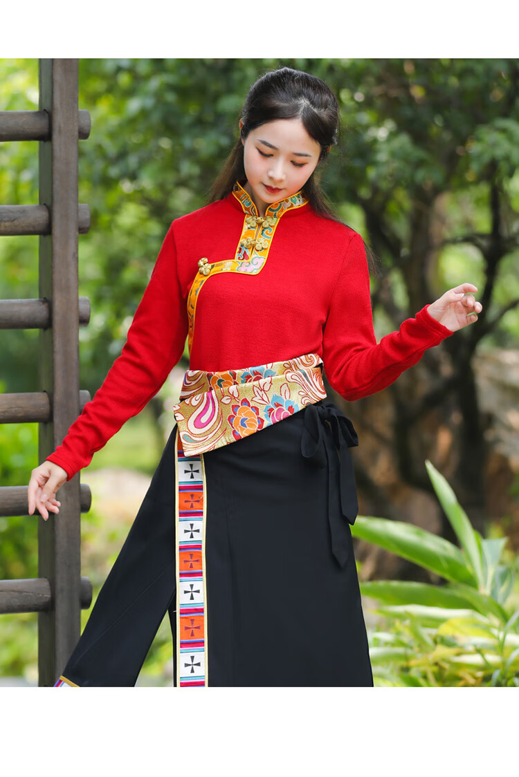 藏风汉服加厚藏服t恤秋冬季藏族女装锅庄舞蹈服舞台表演服装民族风