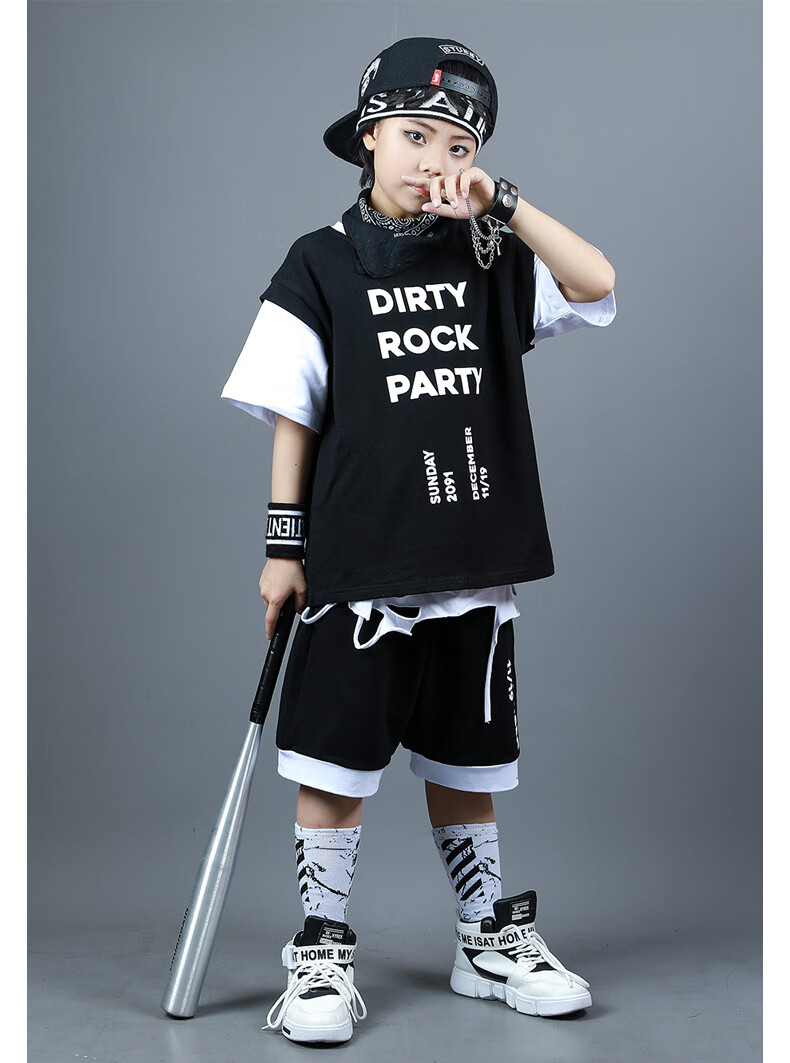 贞溪潮童儿童街舞服装男童女童舞台跳舞套装短袖纯棉帅气男孩宽松两件