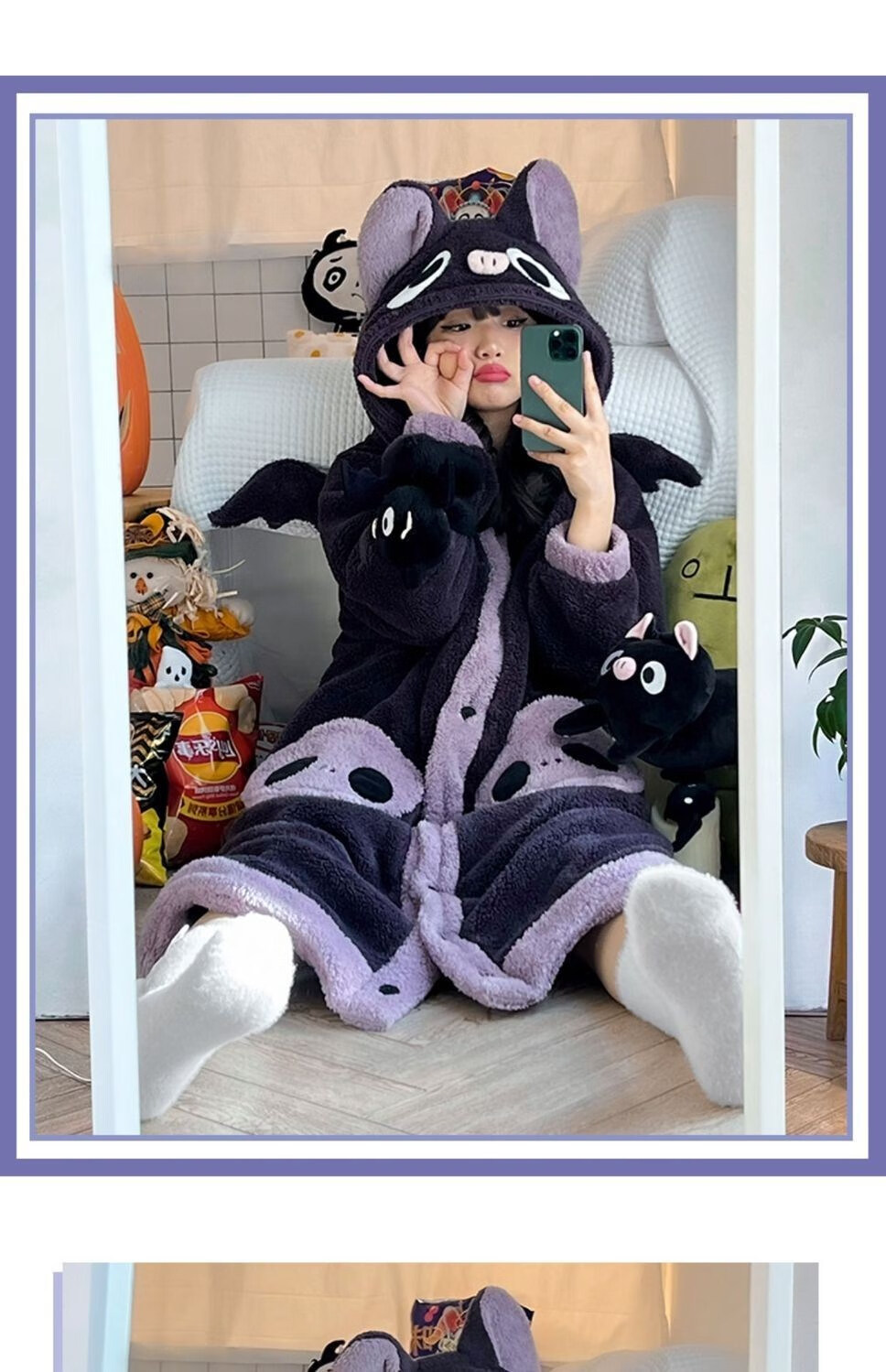 clarekalen小蝙蝠珊瑚绒睡衣女秋冬季可爱情侣睡袍闺蜜睡裙家居服可外