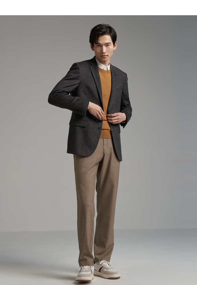 鄂尔多斯1980男装商务休闲羊绒西服外套百搭轻正装西装上衣黑灰1709