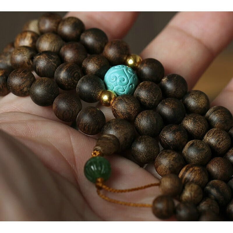 宾昔九分沉水芽庄黑奇楠沉香手串108颗佛珠男女士手链6mm黄金松石碧玉