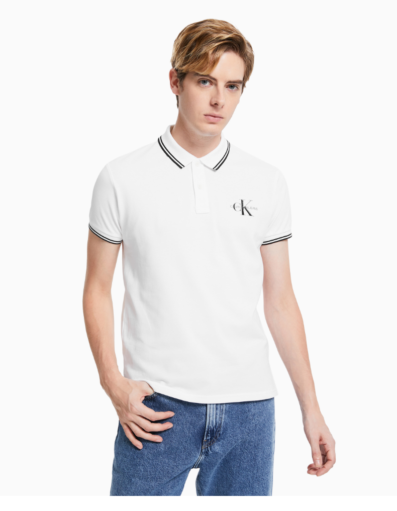 ckjeans男士休闲条纹镶边翻领交叠logo透气短袖polo衫j319501c2y蓝色