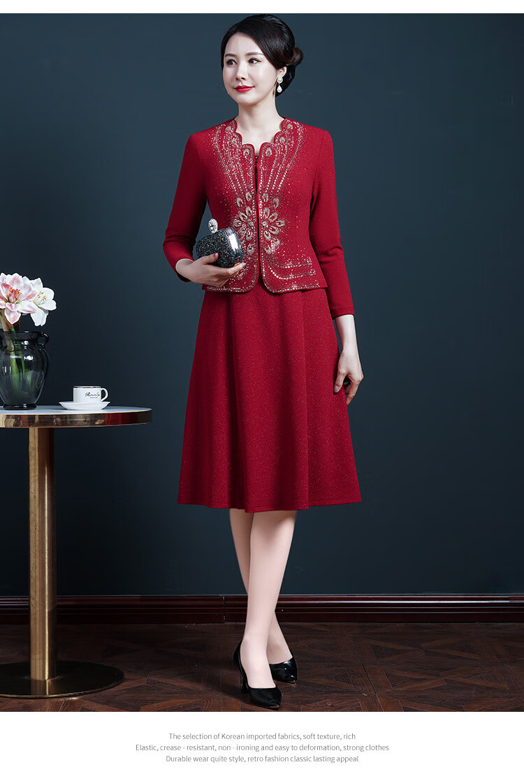妈妈婚宴礼服平时可穿高端喜婆婆婚宴春秋季礼服洋气中年两件套连衣裙