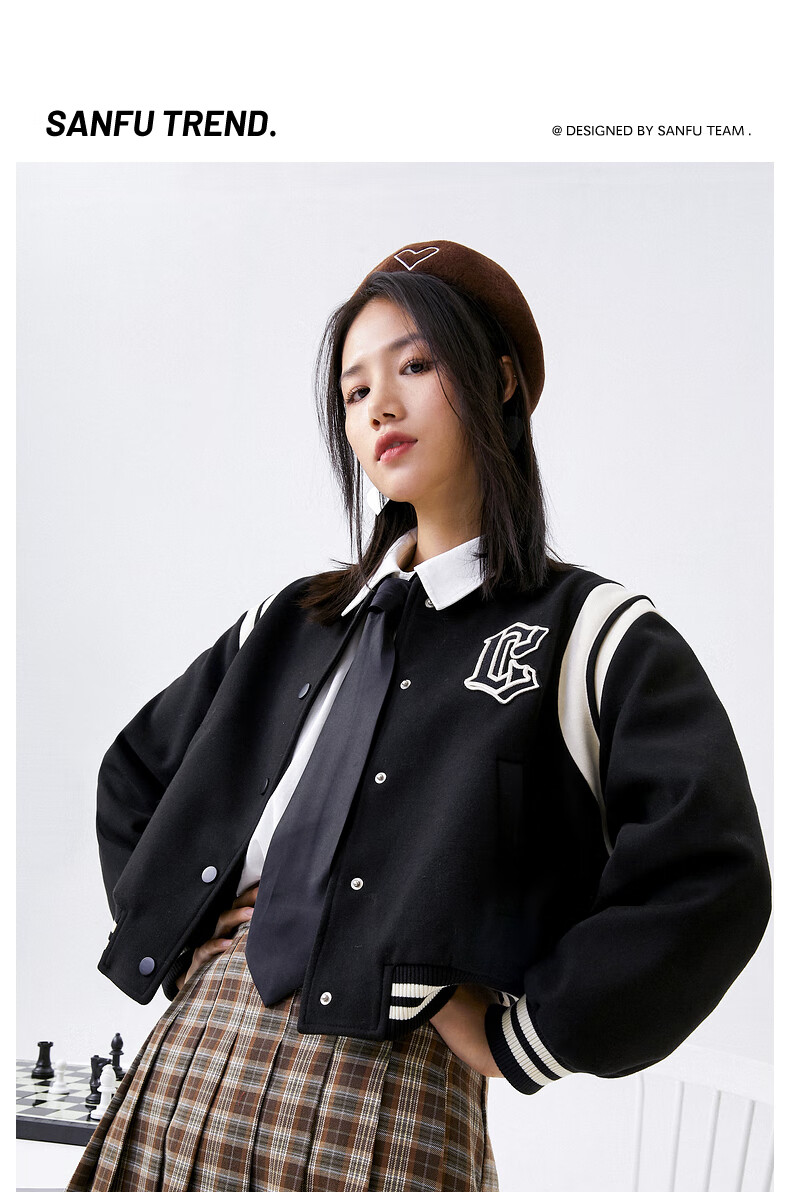 三福外套2022春季女按扣设计拼色短款棒球服女装450366黑色16588am