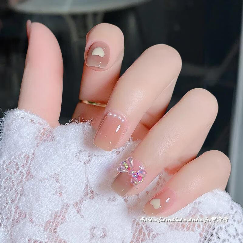 假指甲贴穿戴甲美甲成品甲片指甲贴片夏日山茶花甲片绿色穿戴甲片金粉