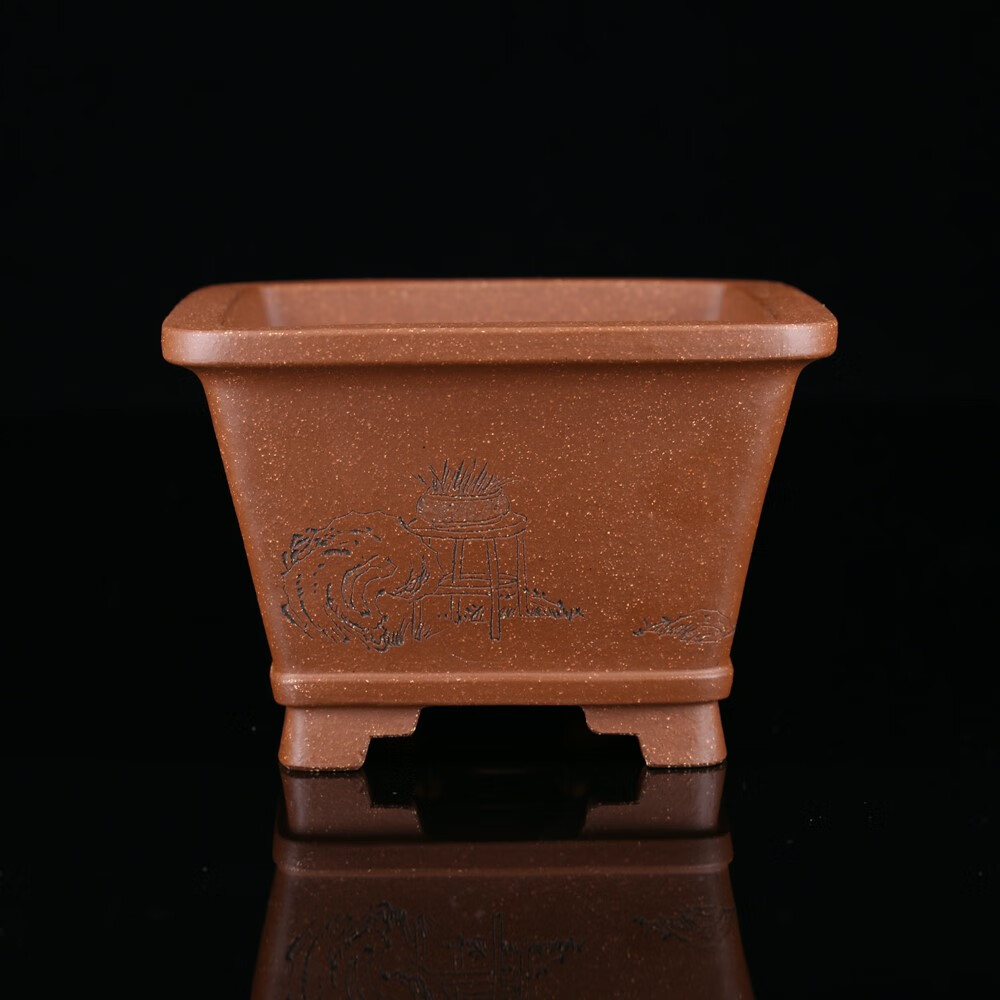 精品精工微型小号迷你冯长见宜兴原矿刻绘中四方紫砂斗盆景盆 冯长见