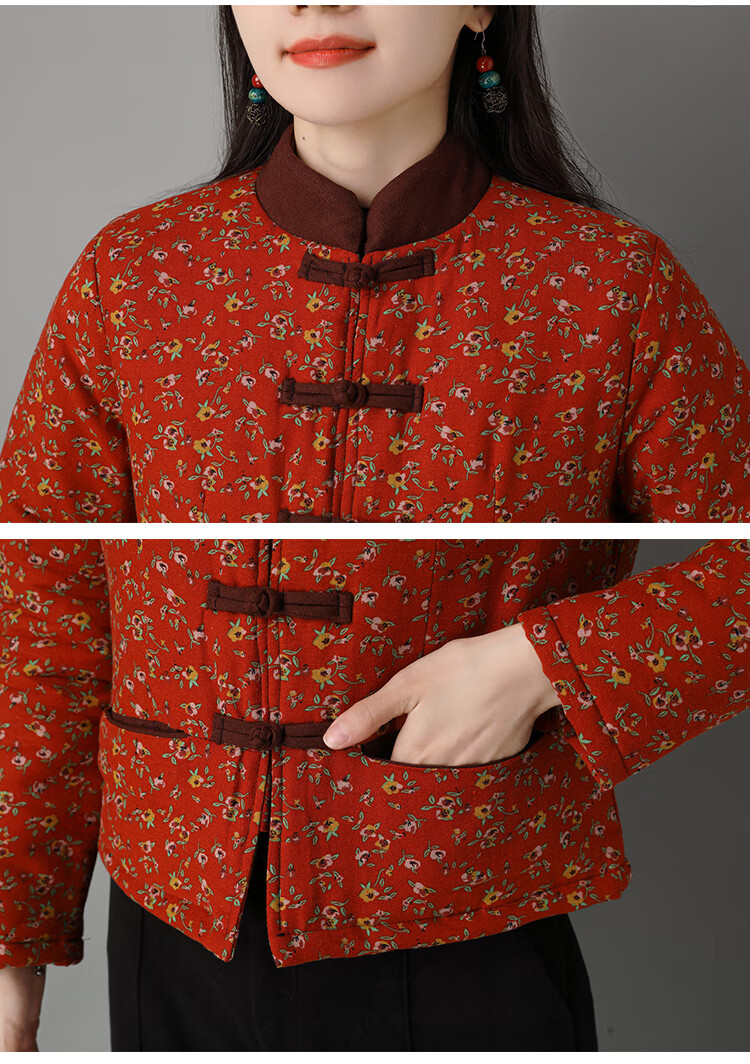 中式棉袄女中老年中国风唐装棉衣碎花棉袄加厚棉服女盘扣唐装夹棉短款