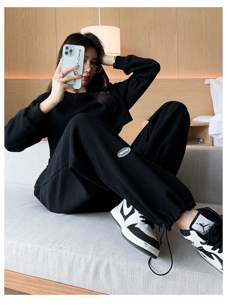 黑色运动裤女春秋季新款宽松束脚显瘦简约哈伦裤子休闲华夫格卫裤灰色