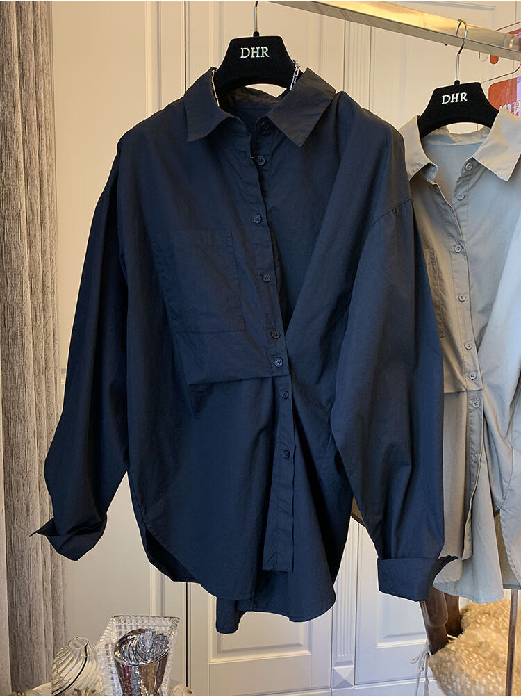 abcrcy日系原单衬衣女日本设计师小众错位纽扣造型两穿宽松长袖衬衫女