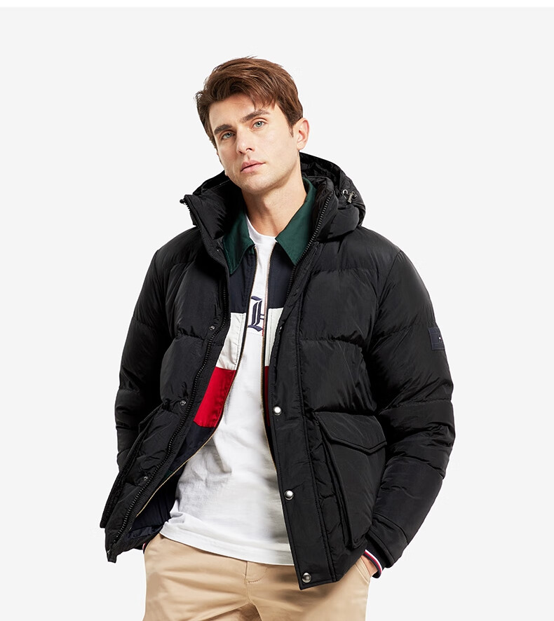 tommy男装秋冬可调节抽绳连帽立领灰鸭绒绗缝羽绒服mw0mw14888黑色bds