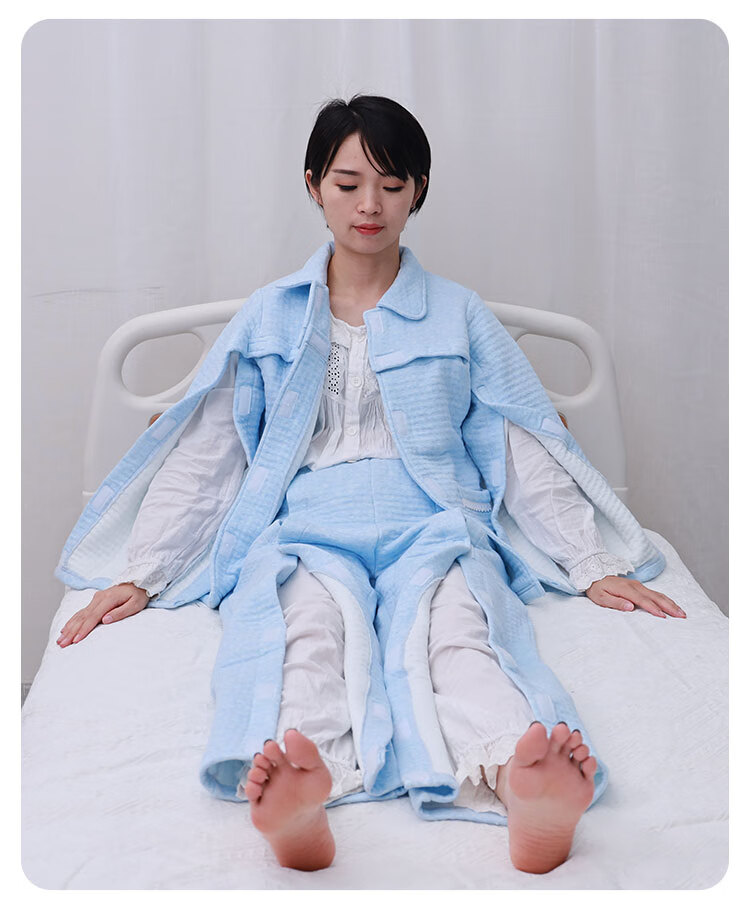 加厚睡衣秋冬款脱护理服卧床老人瘫痪病人术后病号 蓝色提花-粘贴款