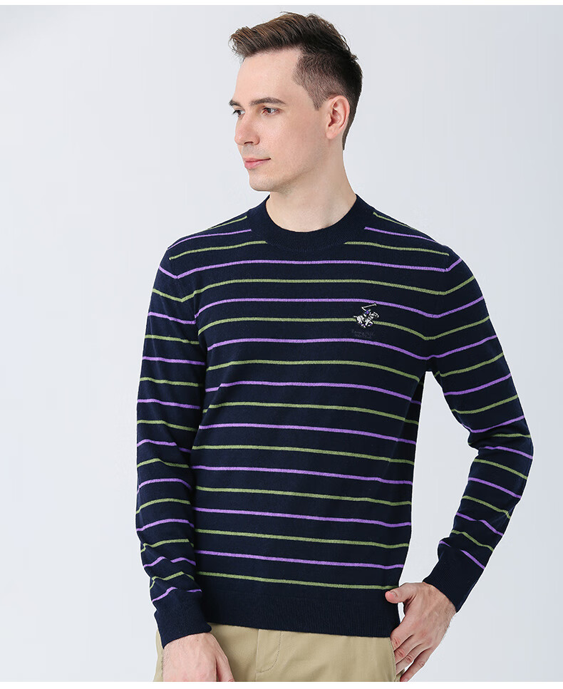 比华利保罗21秋冬新款银线绣马章条纹青春保暖男士圆领羊毛羊绒衫打底