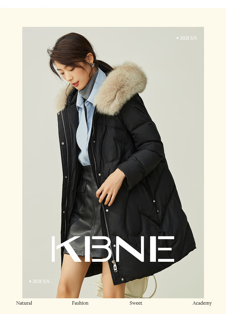 羽绒服时尚女款kbne2021年新款中长款毛领黑色白鸭绒外套黑色s