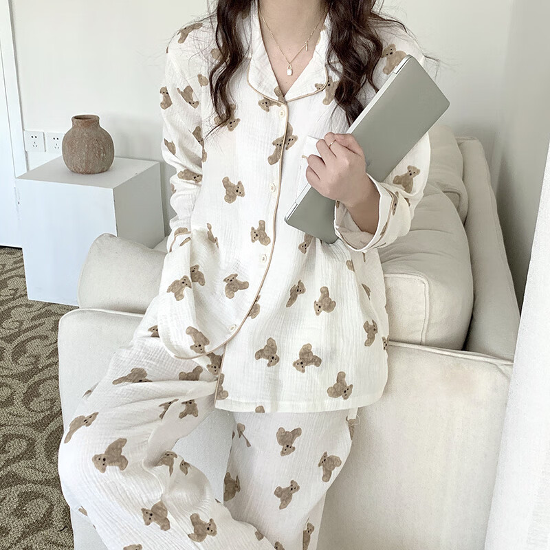 日本gelato秋卡通可爱小熊纯棉纱布长袖睡衣女情侣家居服套装杏色短袖