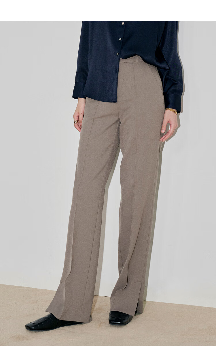 初棉侧开叉高腰阔腿裤女藏肉显瘦秋摩卡色垂感职业西裤女拖地裤摩卡色