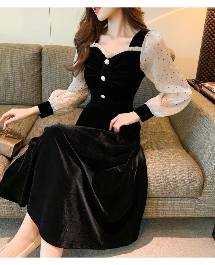 冬季女款蕾丝连衣裙2021丝绒连衣裙秋冬季女装新款礼服高端气质显瘦