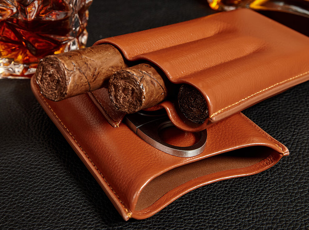 luxfo朗佑雪茄套真牛皮缝制便携雪茄烟保湿皮套lf4006茶色