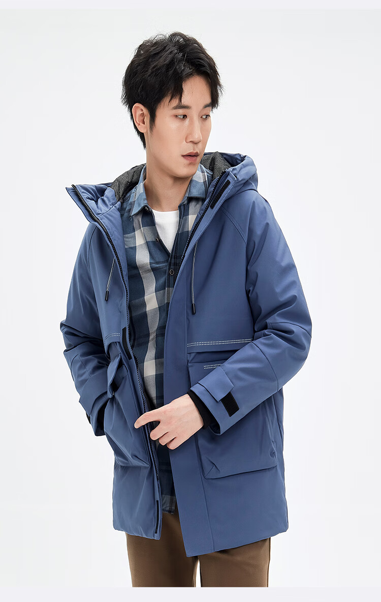 爱登堡秋冬新款男士羽绒服时尚百搭连帽保暖中长款灰鸭绒加厚外套黑色