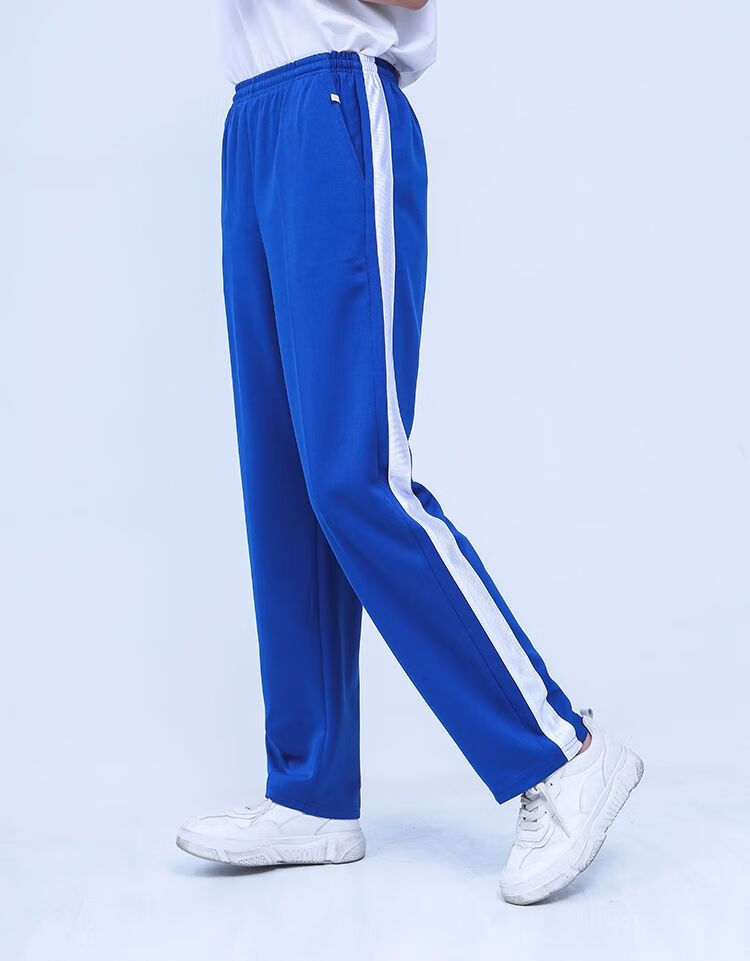 校裤两条杠深蓝色直筒夏季束脚宽松学生校服裤子蓝色两道杠运动休闲裤