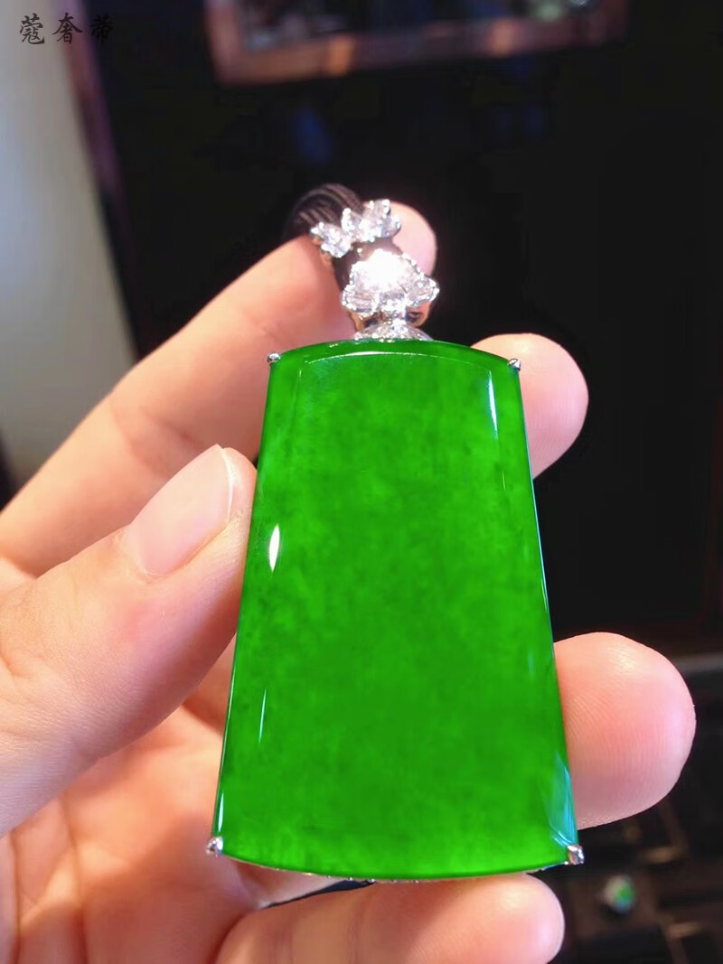 蔻奢蒂玉坠冰种阳绿翡翠无事牌吊坠满绿方牌挂件男女款18k金