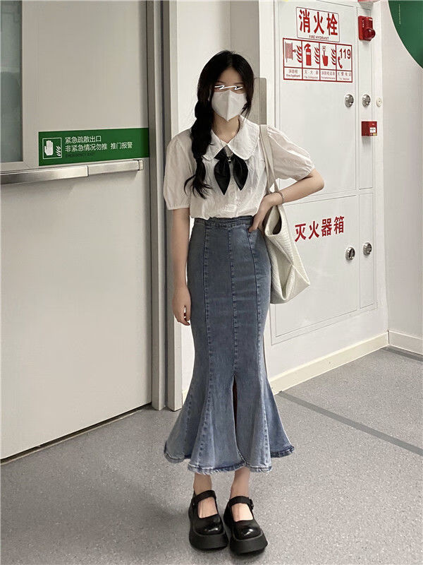 矮个子高腰鱼尾牛仔半身裙女秋季新款修身显瘦辣妹开叉包臀中长裙