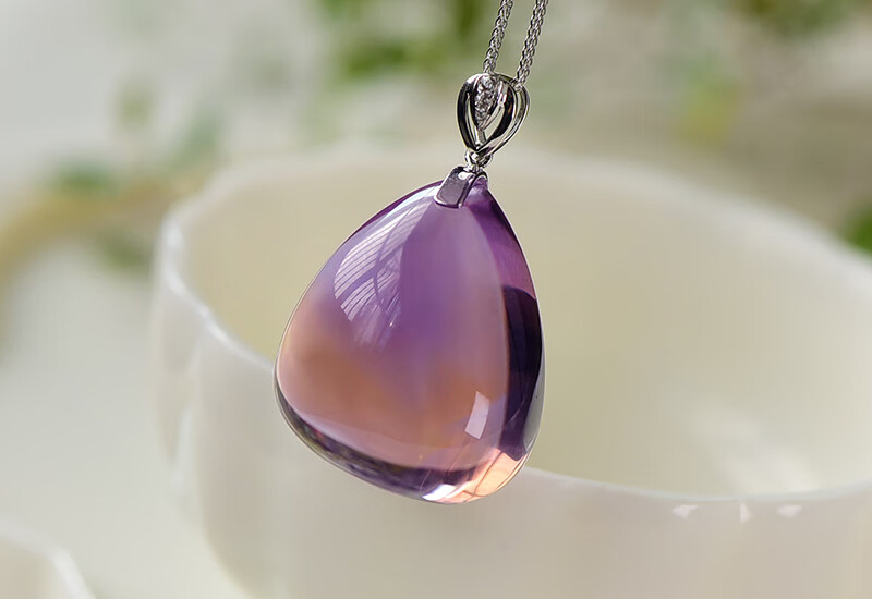 旭元天然水晶18k金镶天然紫黄晶水滴吊坠项链原石精雕小巧规格约