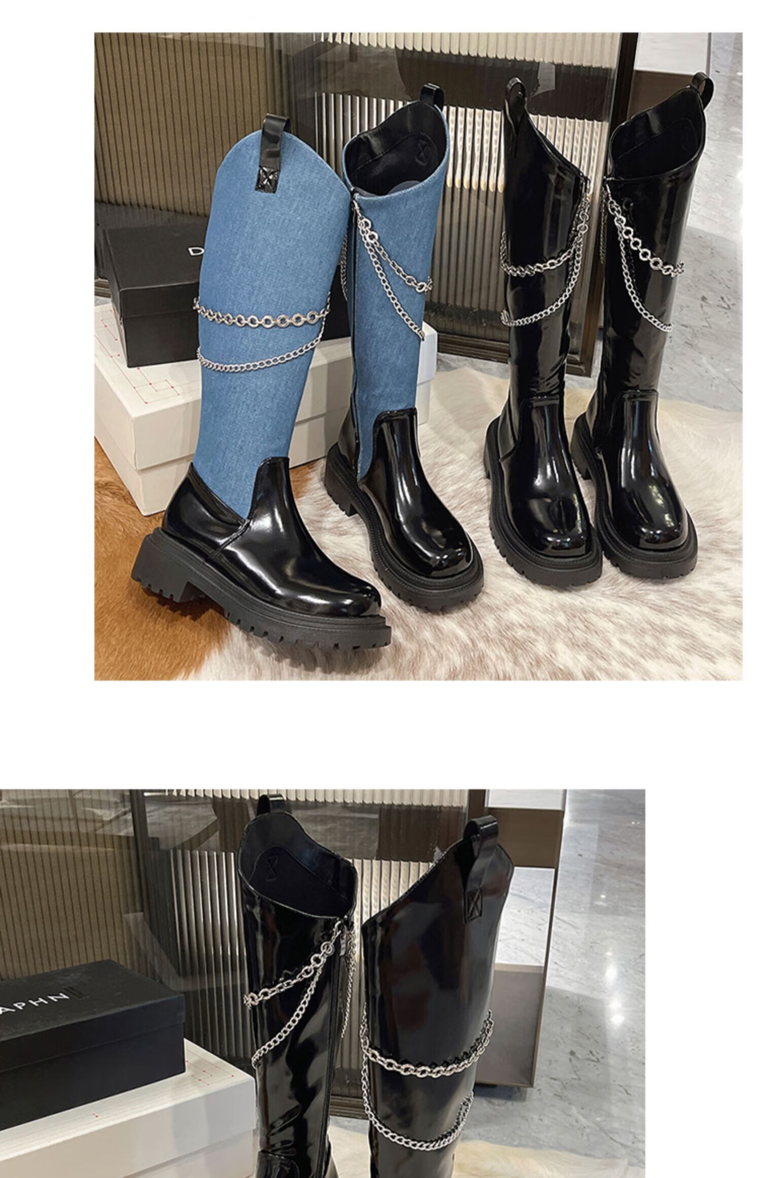 奕辕 大东女靴长靴冬季女生长靴小众复古链条牛仔女生百搭显瘦靴厚底