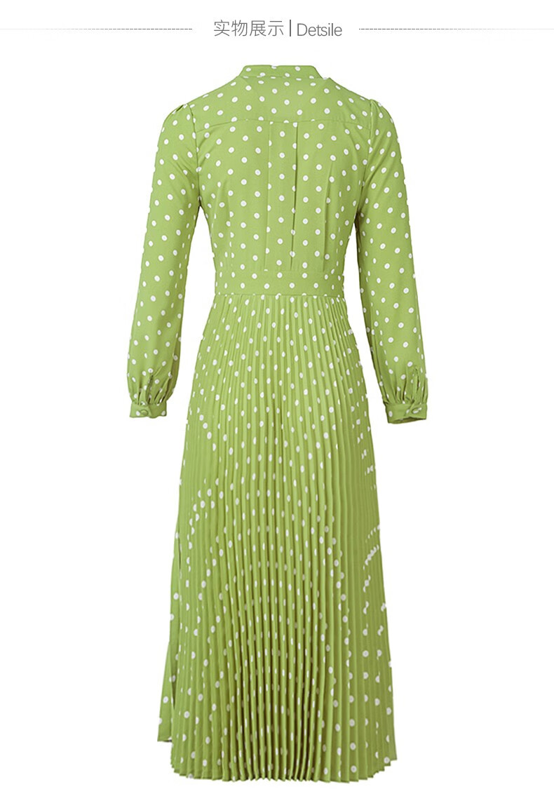 千寻宜2022春新品淑女减龄波点印花百褶裙长袖衬衫裙连衣裙女绿色s