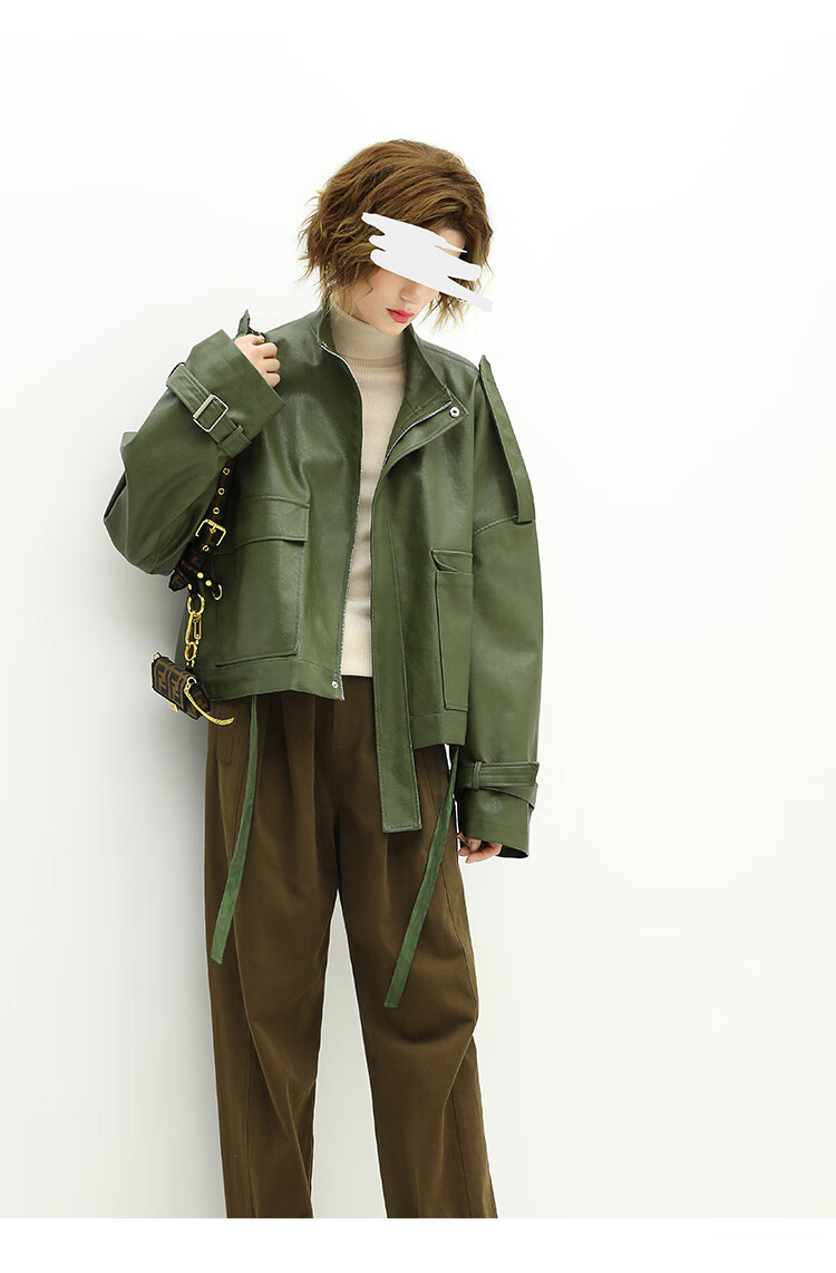 cocobella时尚橄榄绿帅气机车夹克女短款立领pu皮外套ct1072 橄榄绿 l