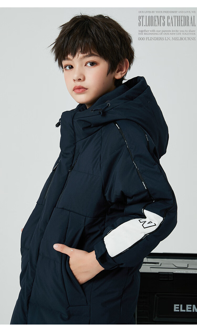 迪士尼轻奢2021男童羽绒服中长款韩版中大童加厚连帽外套潮黑色160cm