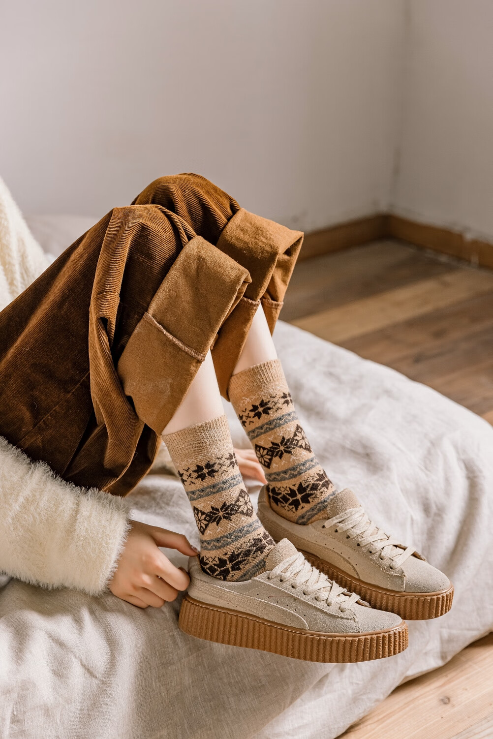 姿秀可豹纹袜子女袜潮冬天加厚堆堆袜日系菱形驼色长袜女羊毛豹纹菱形