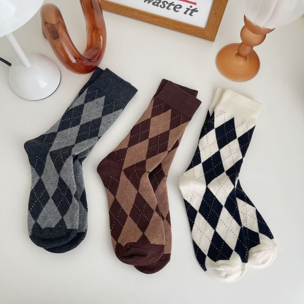 女生袜子冬季菱格中筒袜女秋冬学院风jk袜子白色长筒黑白菱形日系复古