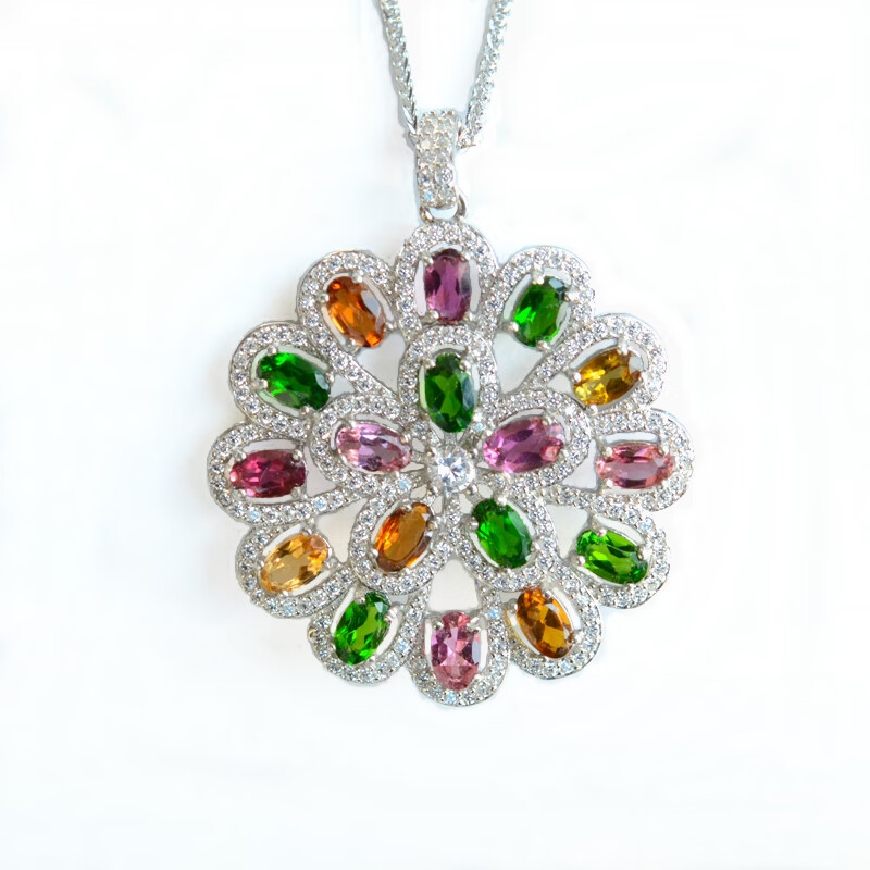 炎氏碧玺吊坠天然彩虹碧玺925银彩色宝石吊坠项链女