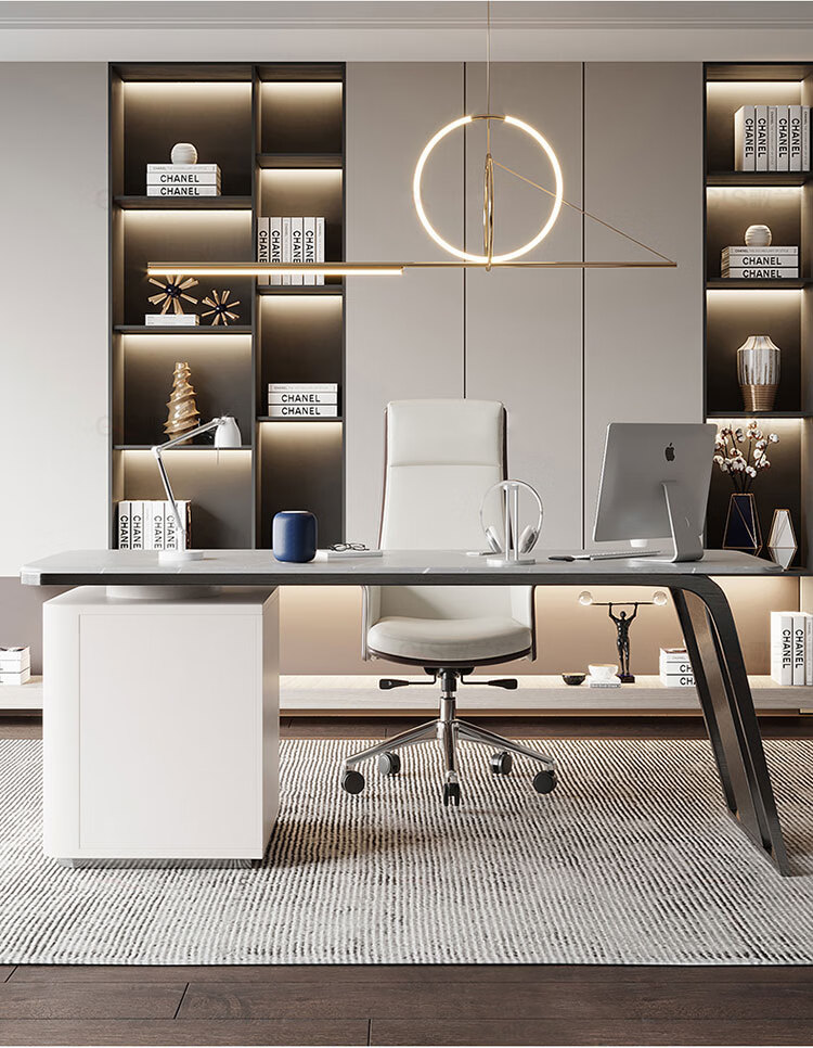 拥爱亮光岩板书桌意式轻奢现代书房电脑桌写字台简约风格设计师办公桌