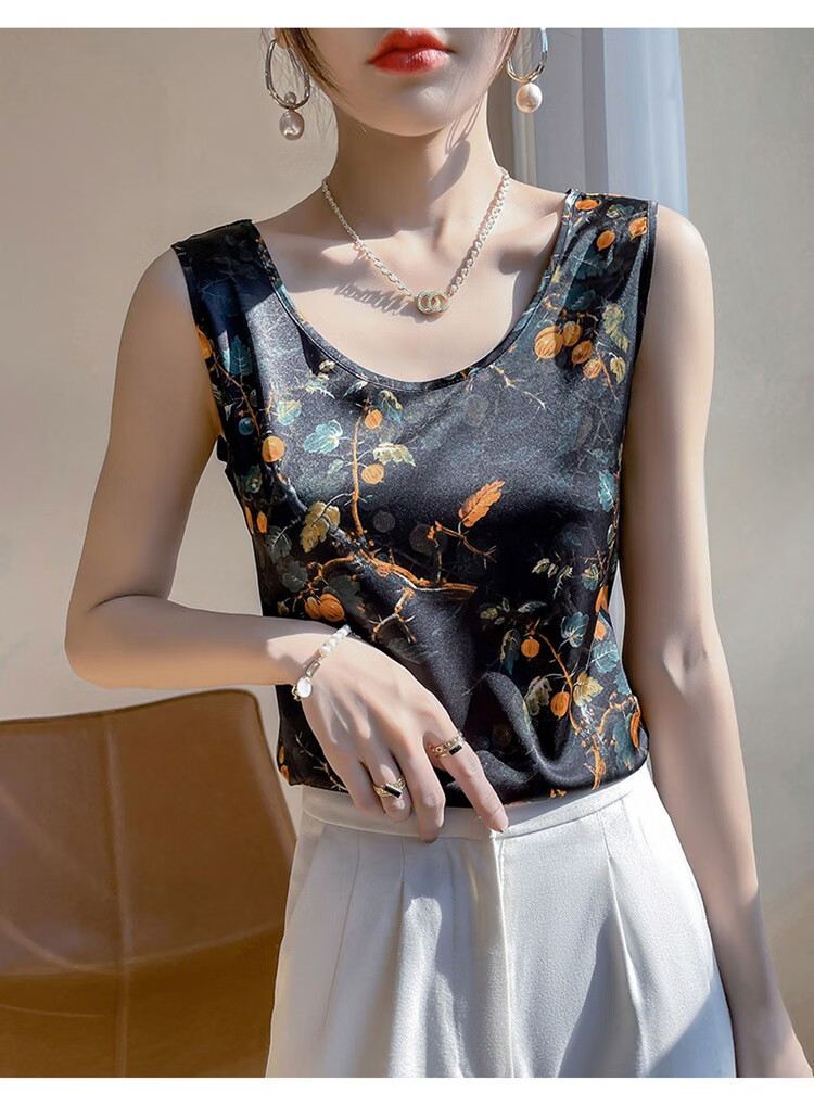 的坎袖背心女款中国风吊带无袖印花背心圆领洋气外穿上衣女士砍袖背心