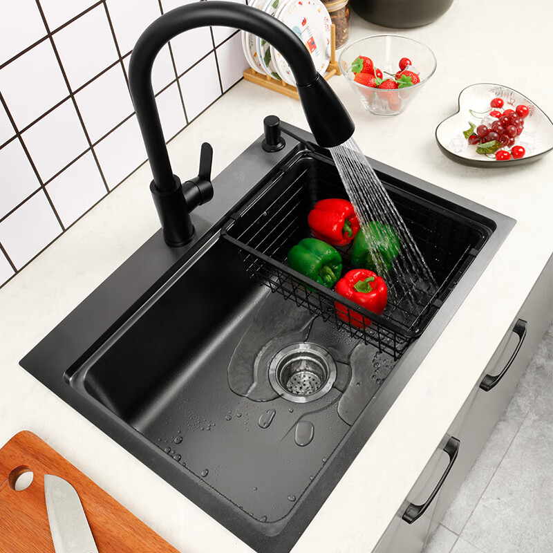 水槽单槽厨房洗菜盆纳米304不锈钢中岛手工盆多功能台下盆洗碗槽枪灰