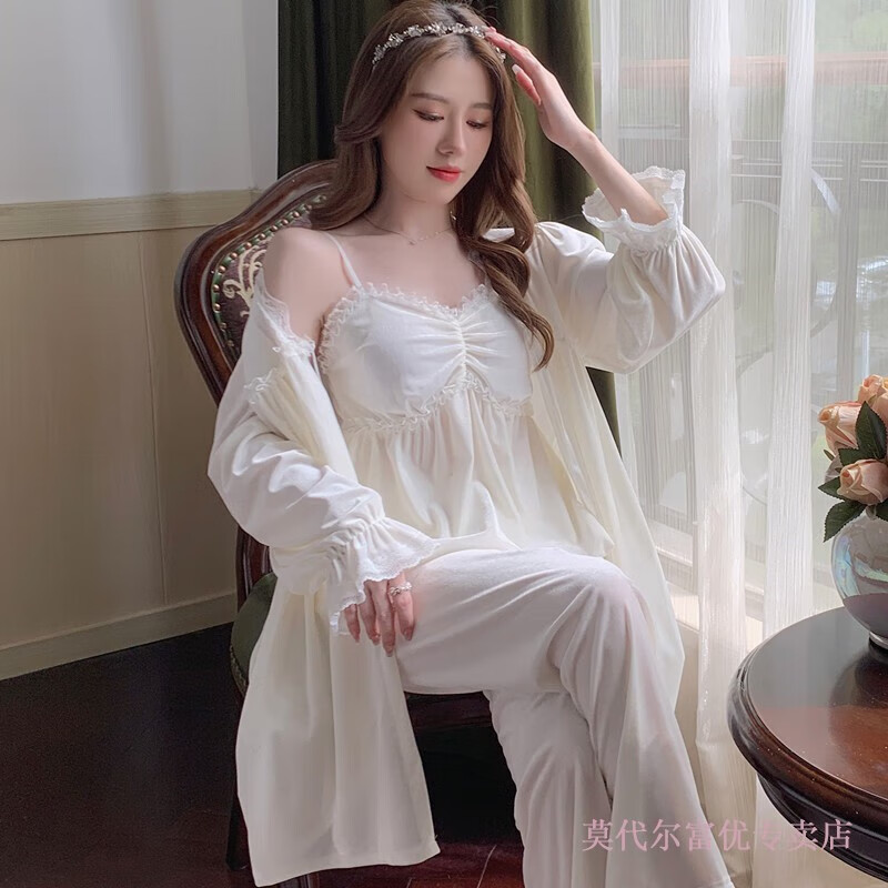 莫代尔秋冬季唯美性感情趣带胸垫抹胸吊带睡衣三件套睡衣女家居服