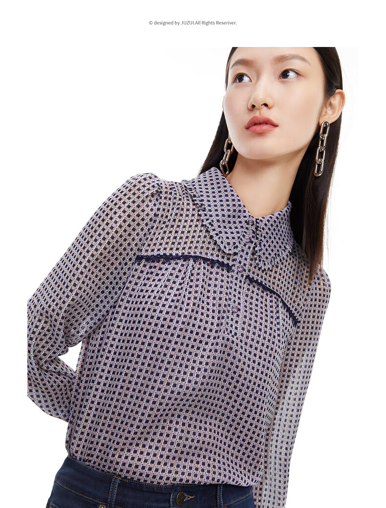 jz玖姿春季新款紫色格纹亮丝混纺古着感女长袖雪纺衫花紫l