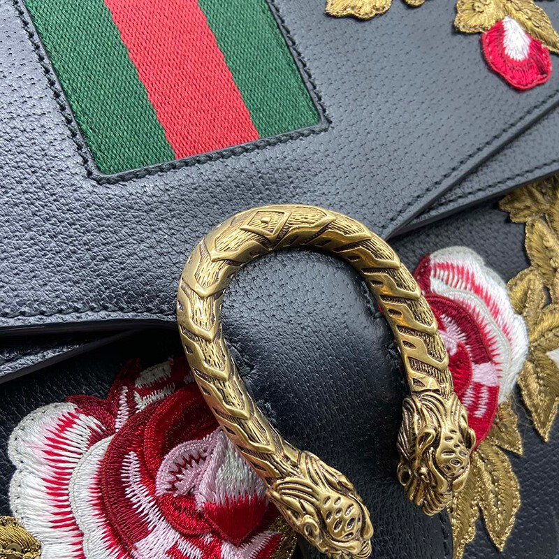 gucci古驰限量秀款刺绣牛皮酒神包斜挎包礼物黑色302210cm