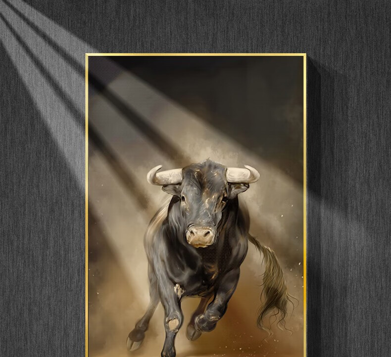 旭泽 纯手绘油画定制生肖牛运势如虹客厅装饰画入户玄关走廊挂画动物