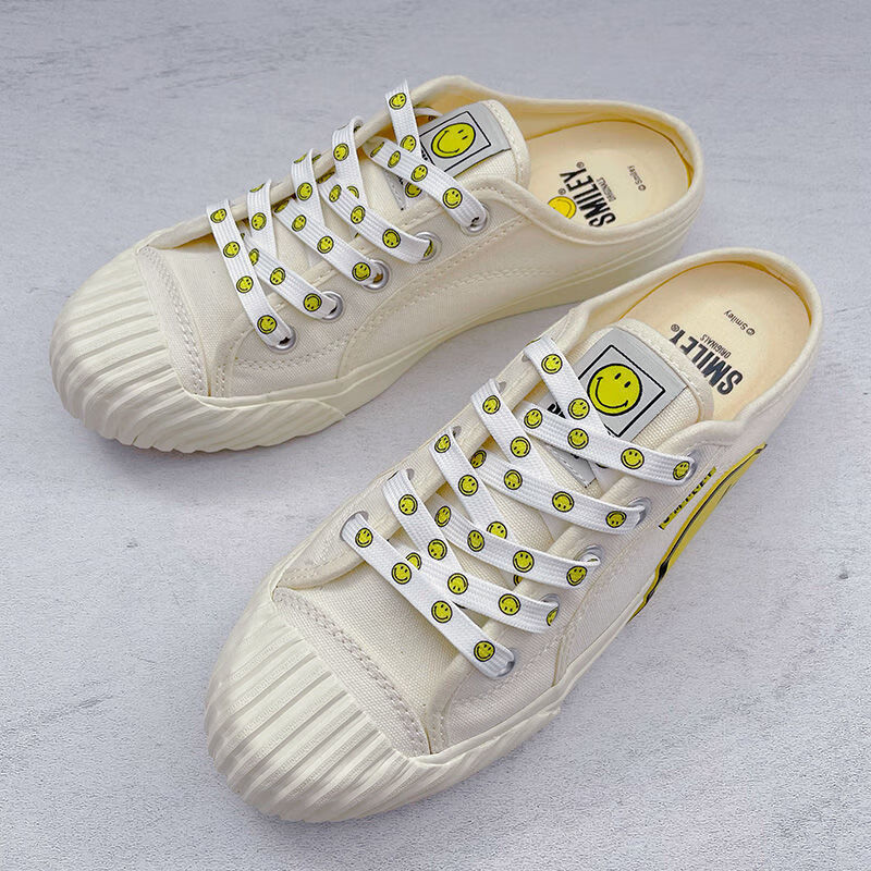 适配smileyoriginals高低帮笑脸帆布鞋女黑白黄色笑脸鞋带绳扁平白底