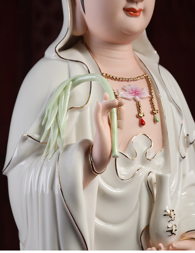 七珍26吋立荷观音佛像摆件陶瓷观世音菩萨立像居家供奉佛堂家用h9610c