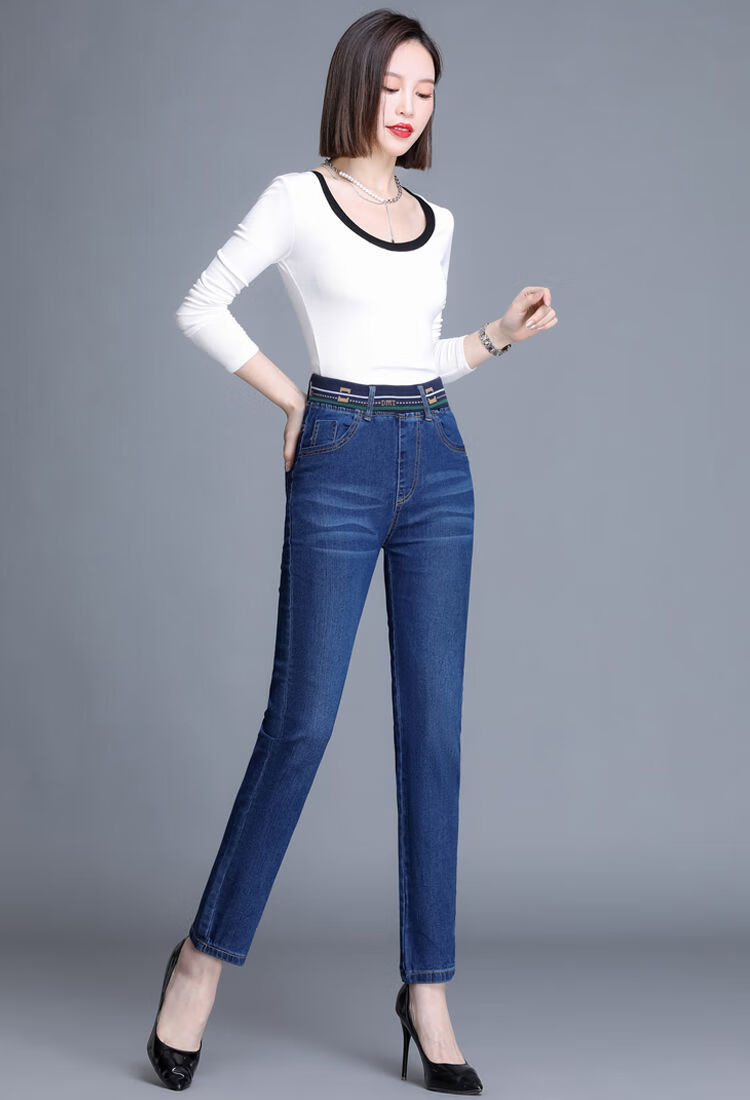 显瘦秋冬季中年妈妈牛仔长裤螺纹松紧腰深蓝11款单裤33码149斤158斤