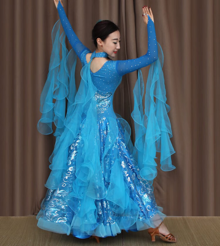 摩登舞裙新款比赛裙 国标舞裙连衣裙大摆裙华尔兹舞裙交谊舞裙 蓝色