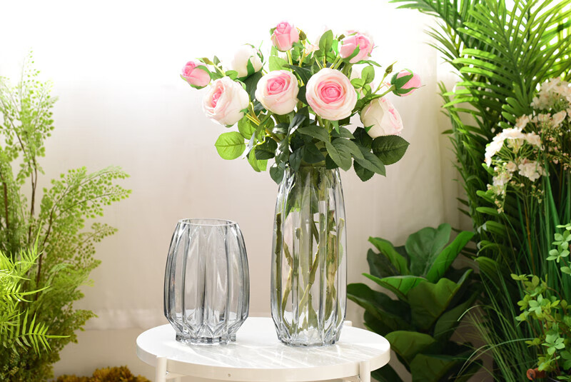 玻璃花瓶创意插花干花仿真花装饰摆件家用瓶水养花器璀璨花瓶矮款中等