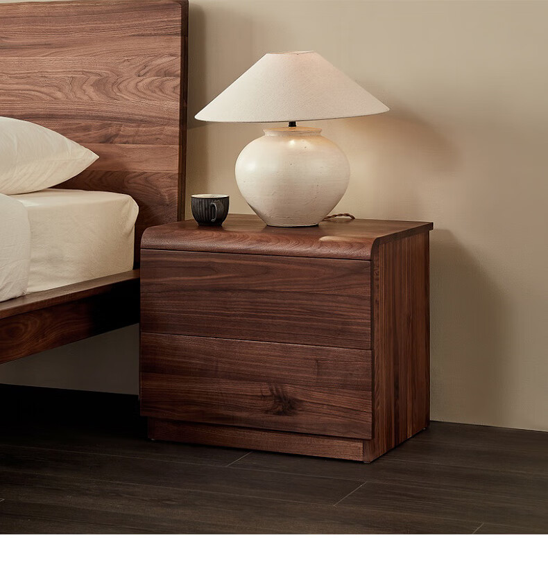 全实木床头柜大款意式床边桌现代中式卧室储物收纳柜黑胡桃木床头柜