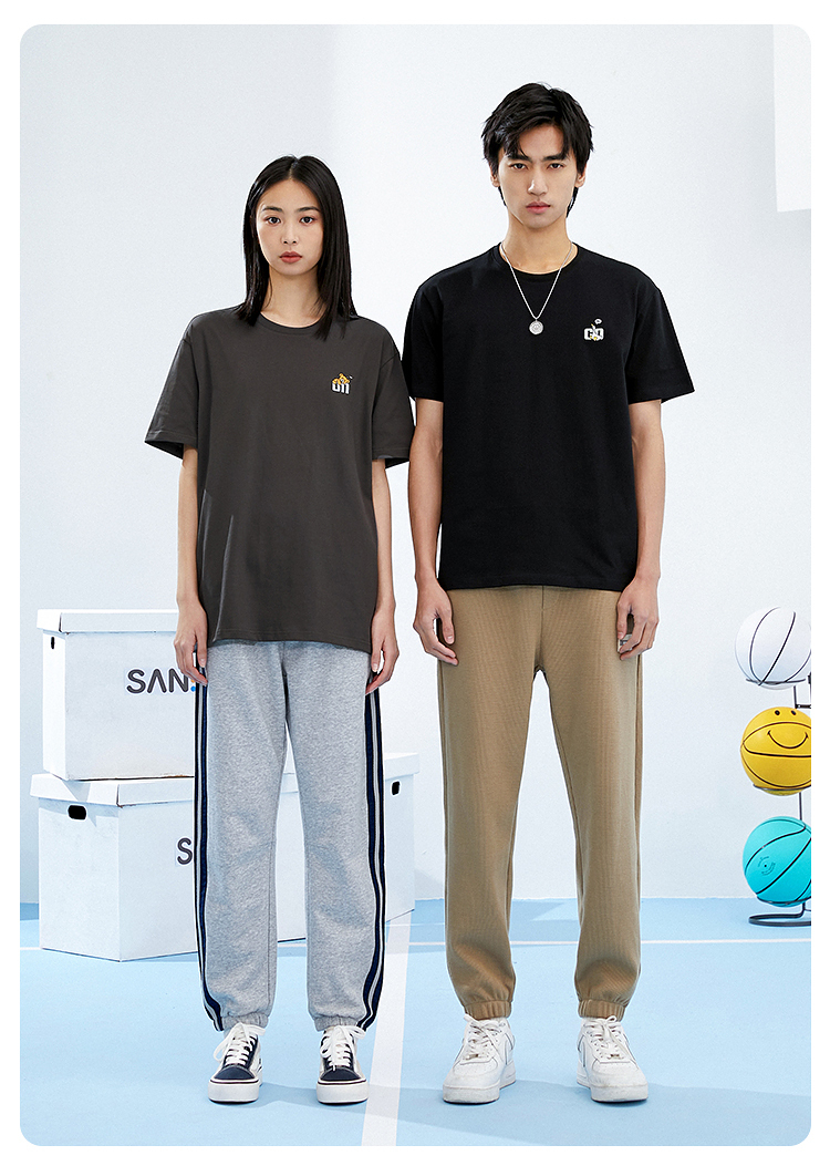 三福2022夏男士动物绣花情侣短t恤休闲合身圆领上衣男452072粉色17592