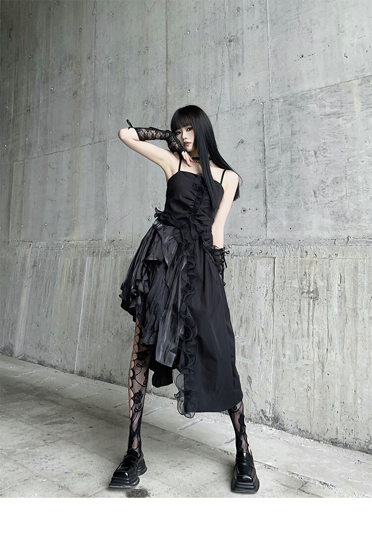 知火舞cos幽灵少女暗黑系黑色吊带连衣裙万圣节服装女辣妹规则哥特风