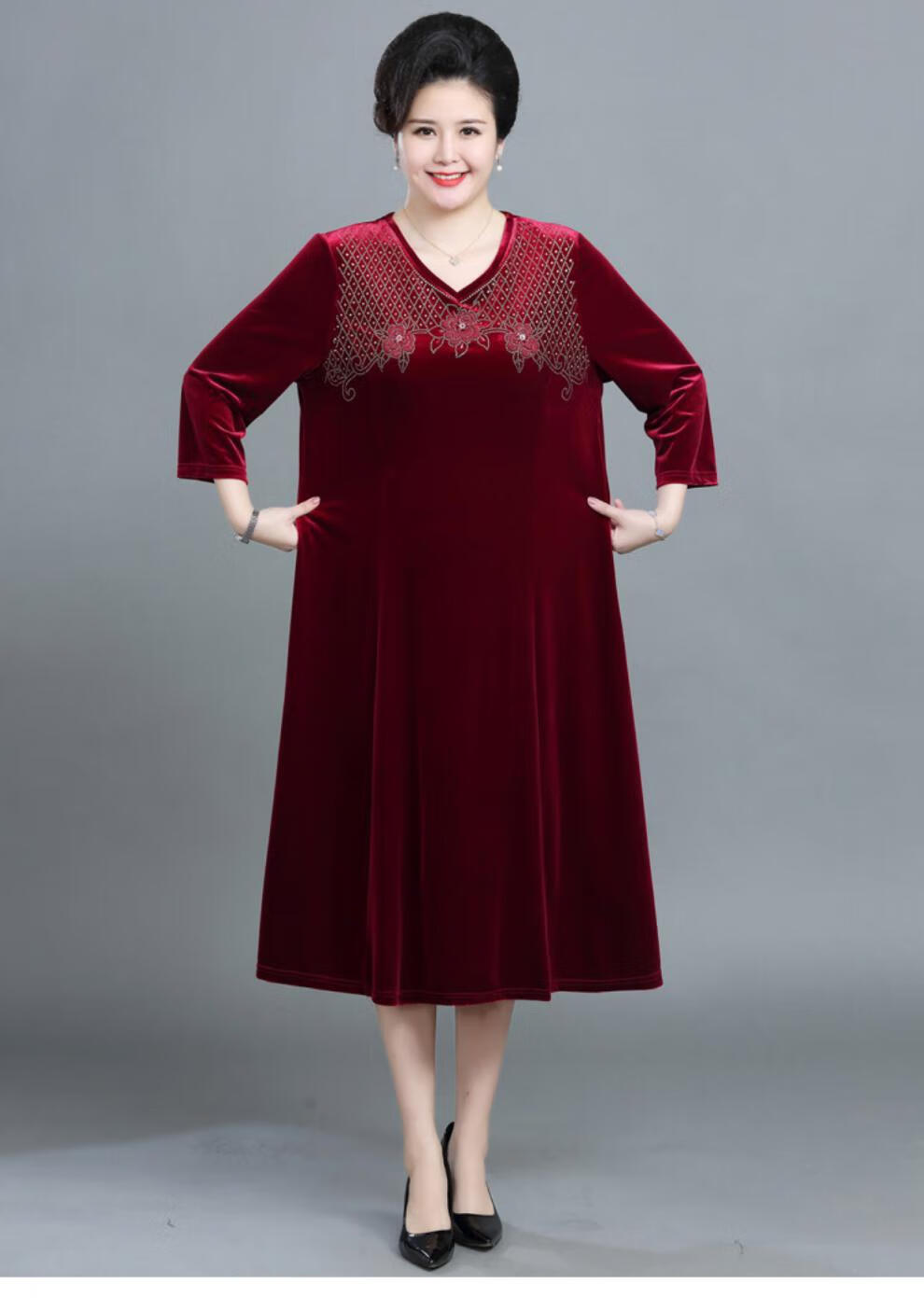 馨诗娅大码喜婆婆婚宴装 200斤胖妈妈参加婚礼服婚宴金丝绒连衣裙加肥